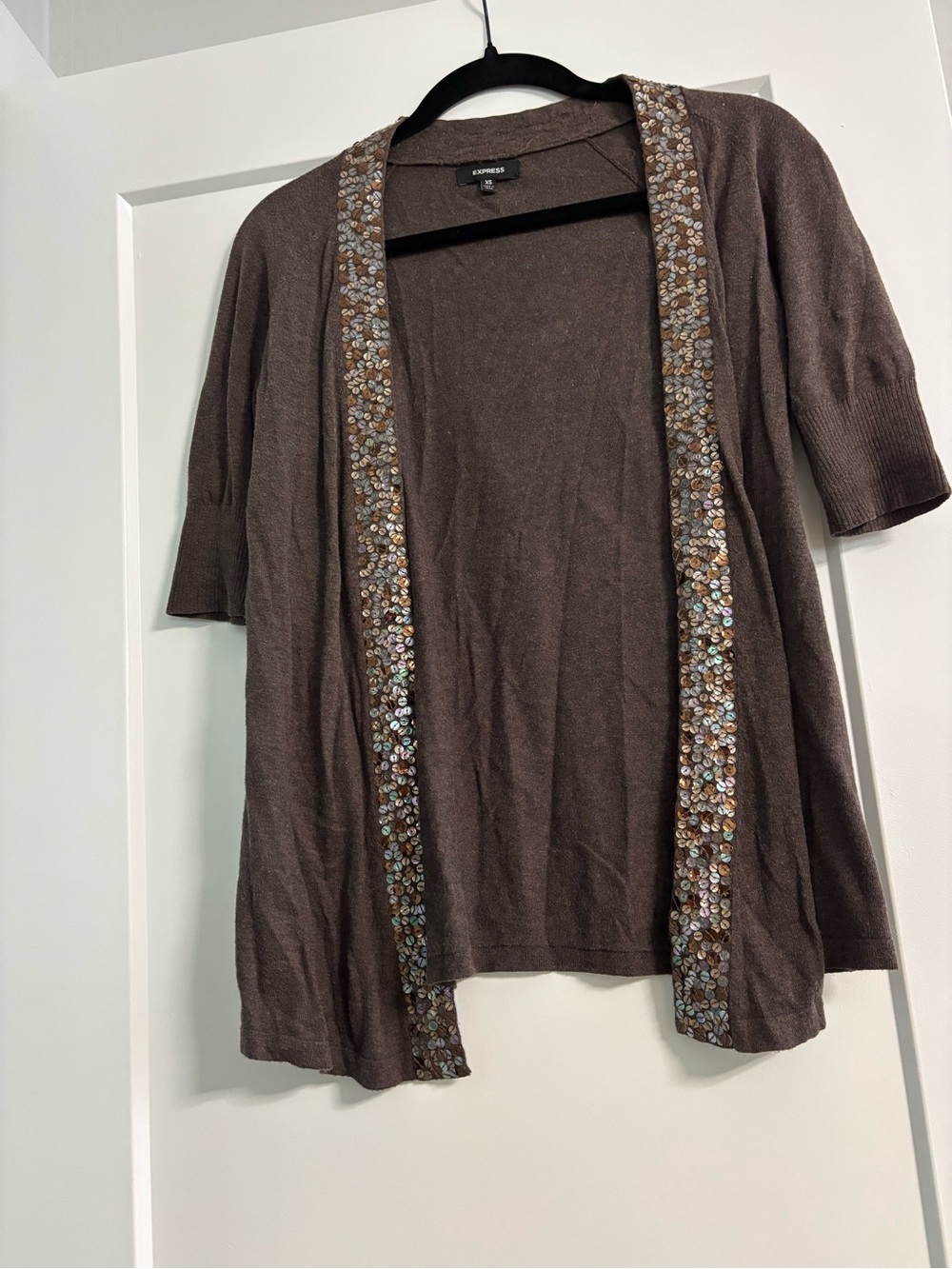 Express Brown Short-Sleeve Cardigan with Sequin Trim